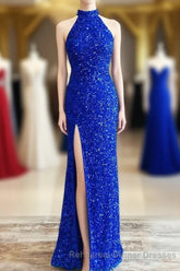 Blue Sequin Halter Long Semi Formal Prom Dress with Slit